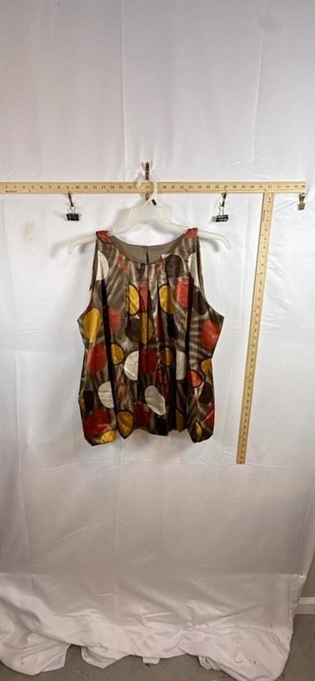 Vtg Dressbarn XL Multicolor Geometric Circle Polka Dot Pleated Satin Tank Blouse